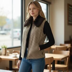 Harold's Brown/Tan Plaid Vest Faux Fur Removable Collar Zip Up Vintage